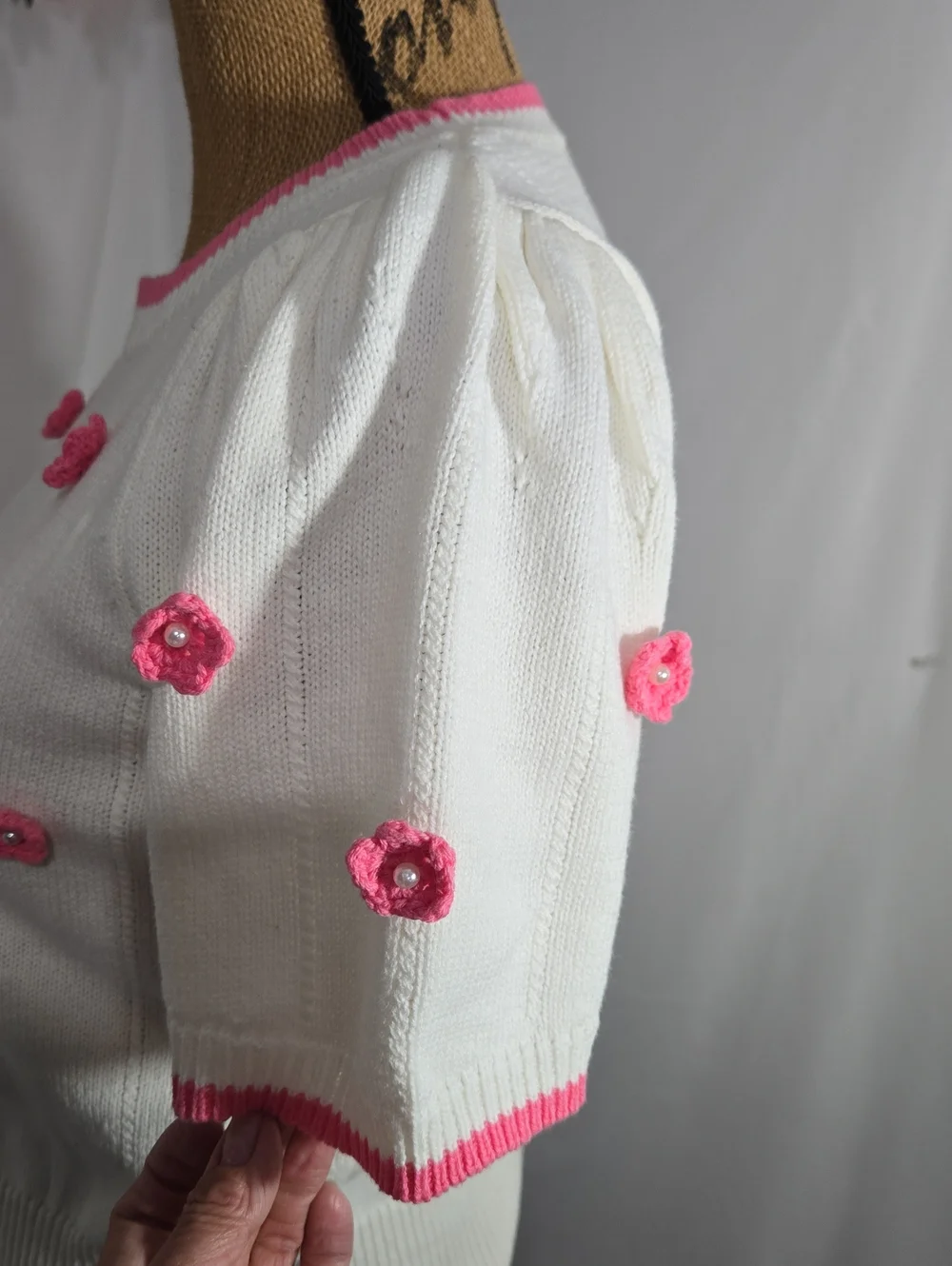 Betsey Johnson Cream Knit Top with Pink Flower Appliqués